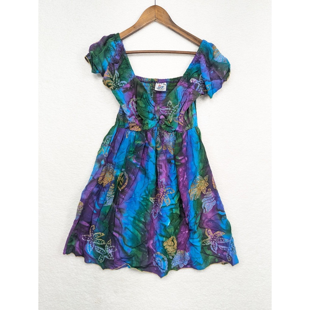 Young Fashion Vintage Green Purple Blue Tie Dye Mini Dress,‎ One Size S/M